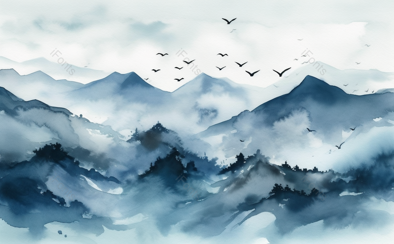 飞鸟俯视蓝色水墨山水插画,中国风山水画,插画/手绘图,插画/手绘图库,插画/手绘图下载,插画/手绘
